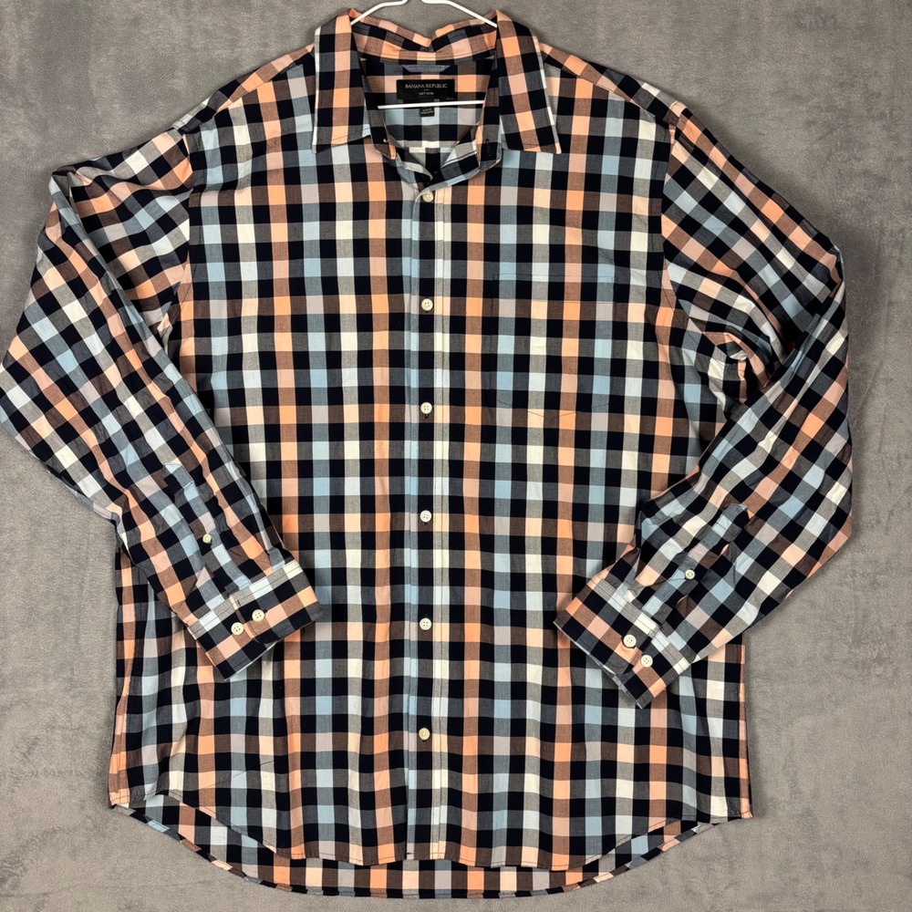 Banana Republic Soft Wash Plaid Button Down Shirt Mens XXL Blue Peach Cotton